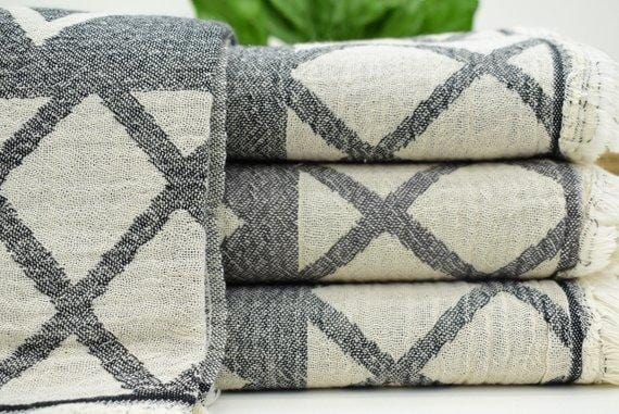 Esma Hammam Towel, Cream and Charcoal