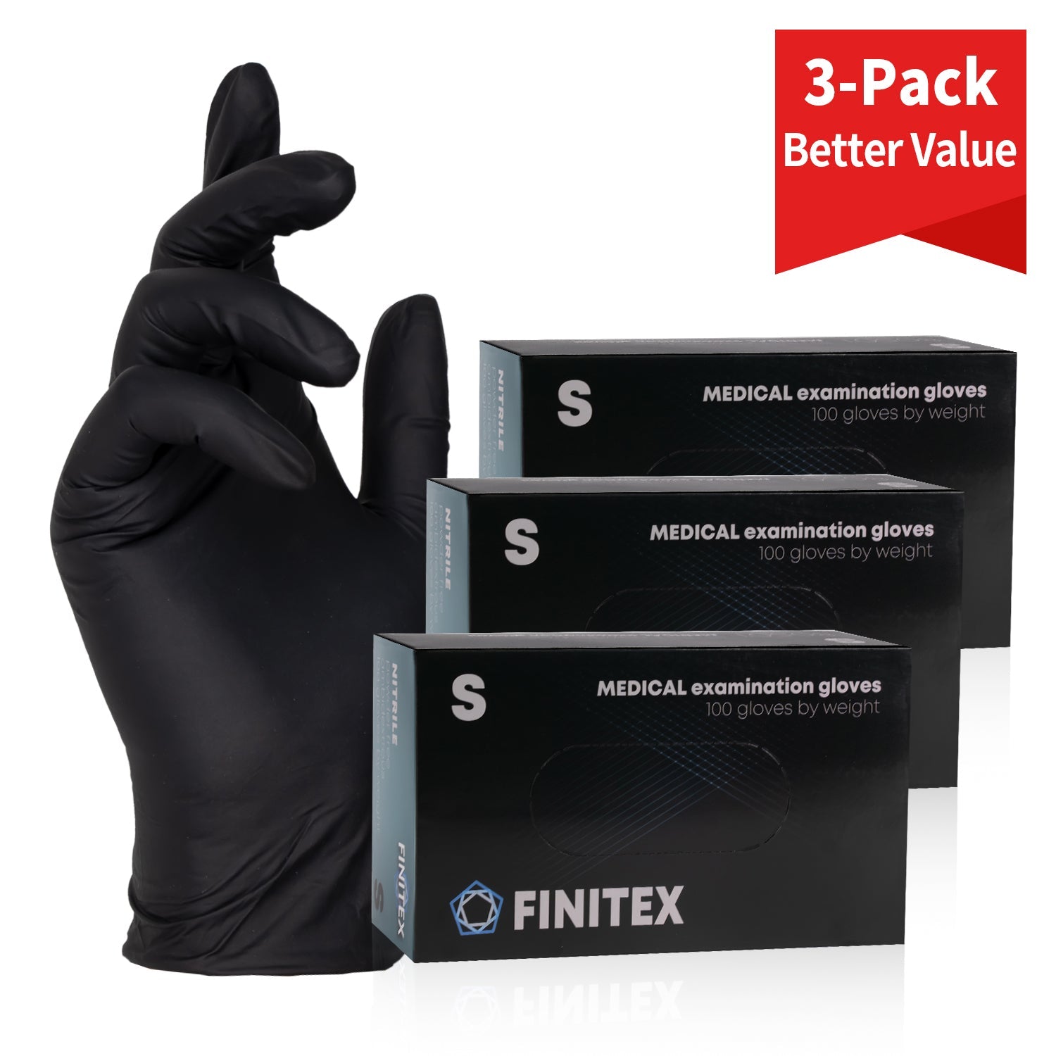 Finitex 5 Mil Exam-Grade Black Nitrile Gloves – 100, 300 & 1000pcs, Powder-Free - L (3.9-4.7 inch) / 300pcs