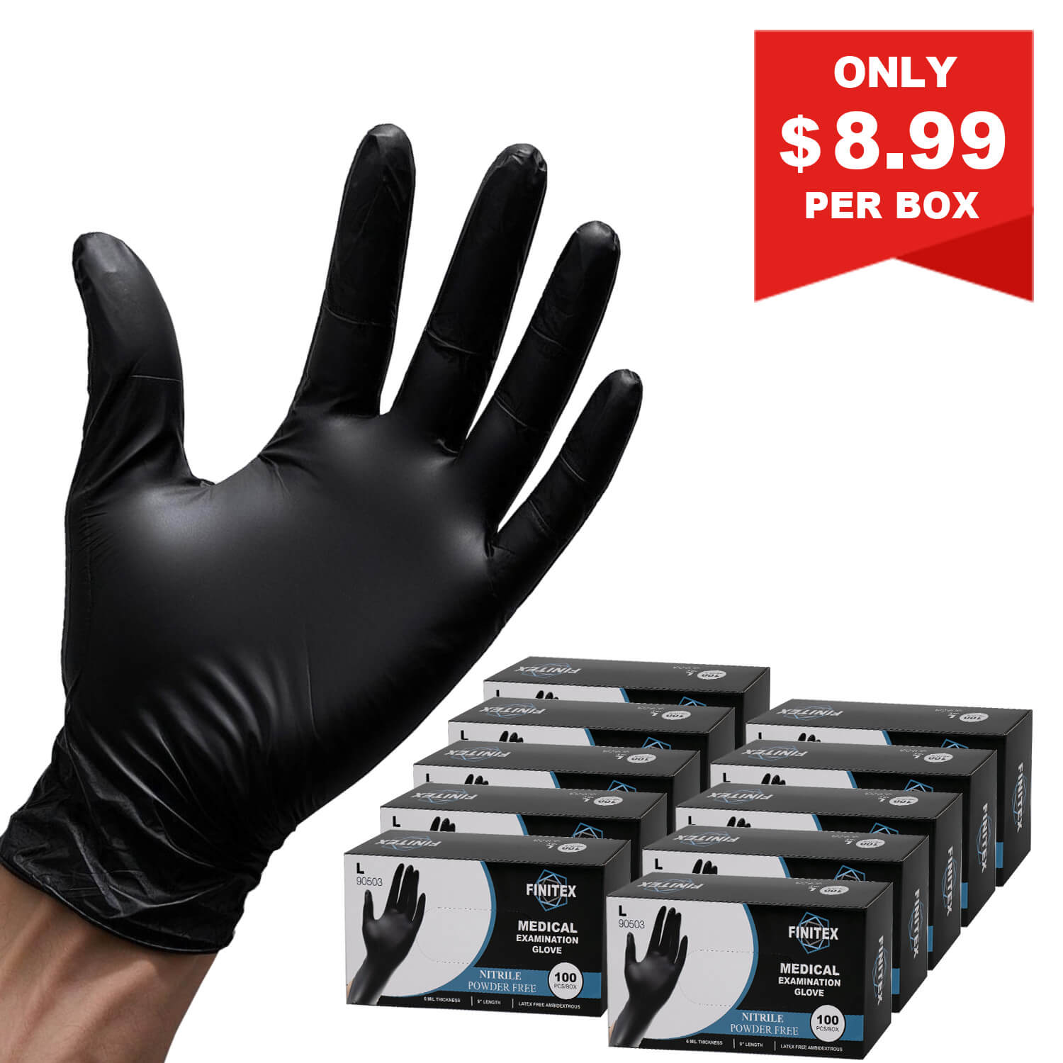 FINITEX Black Nitrile Gloves 6 Mil Exam Grade - 100, 300 & 1000pcs - XL (4.3-5.1 inch) / 1 Case (1000pcs)