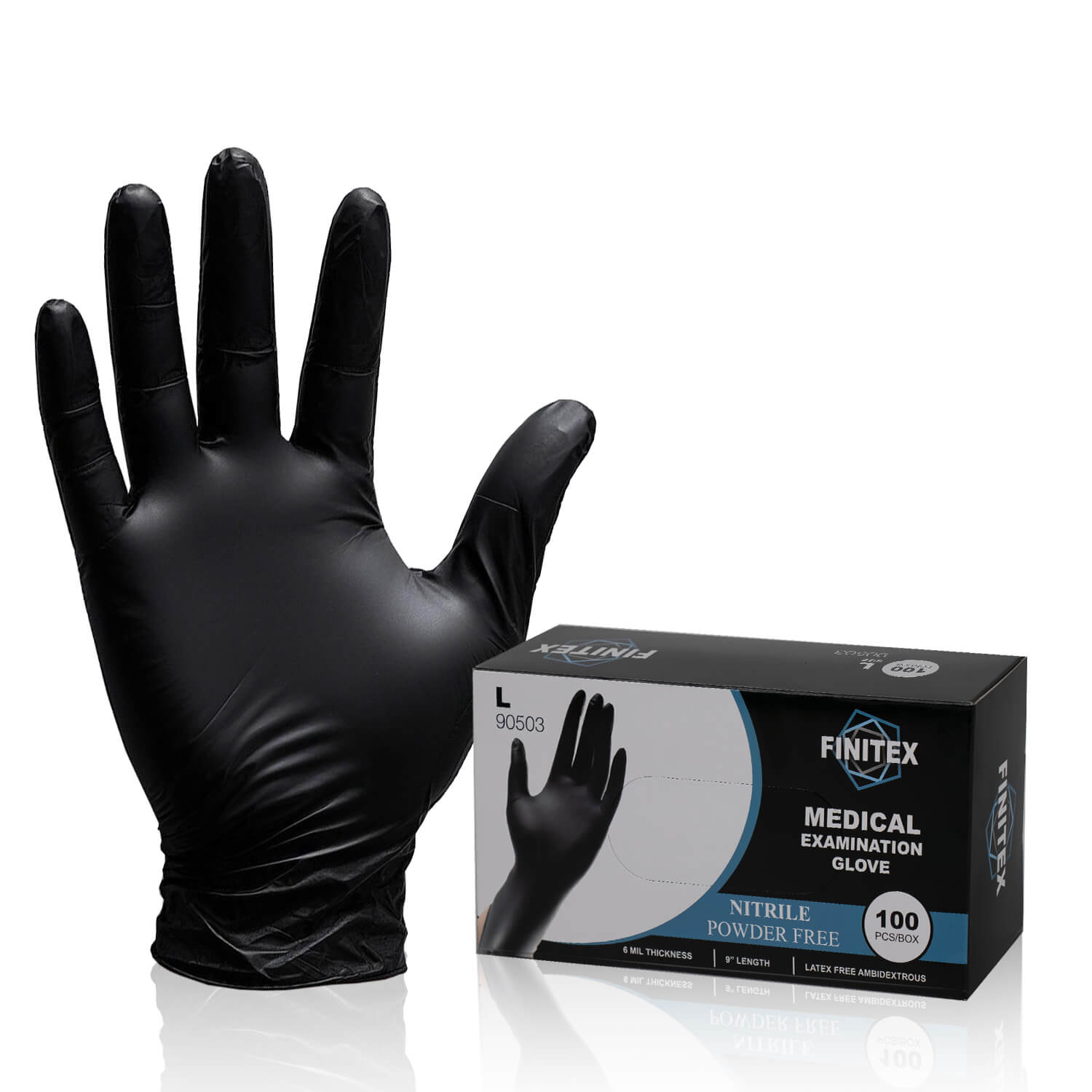 FINITEX Black Nitrile Gloves 6 Mil Exam Grade - 100, 300 & 1000pcs - XL (4.3-5.1 inch) / 100pcs