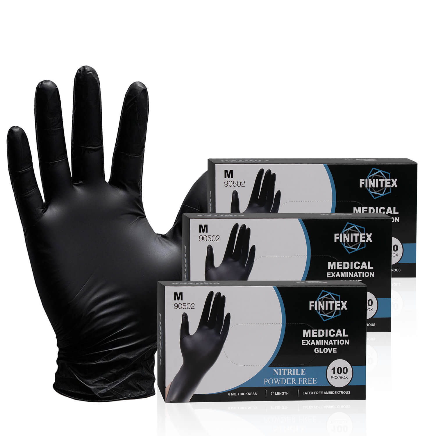 FINITEX Black Nitrile Gloves 6 Mil Exam Grade - 100, 300 & 1000pcs - XL (4.3-5.1 inch) / 300pcs