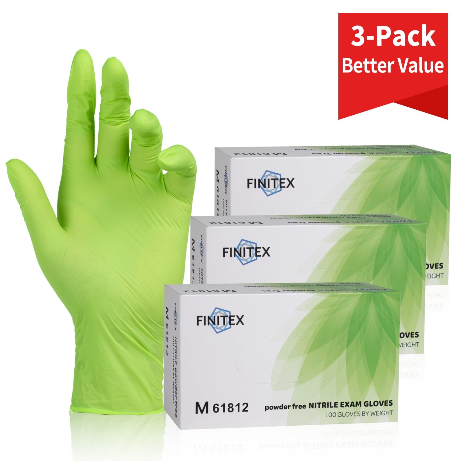 Target-FINITEX Green Nitrile Gloves 3.2 Mil Exam Grade - 100, 300 & 1000pcs - L (3.9-4.7 inch) / 3 Boxes of 300pcs