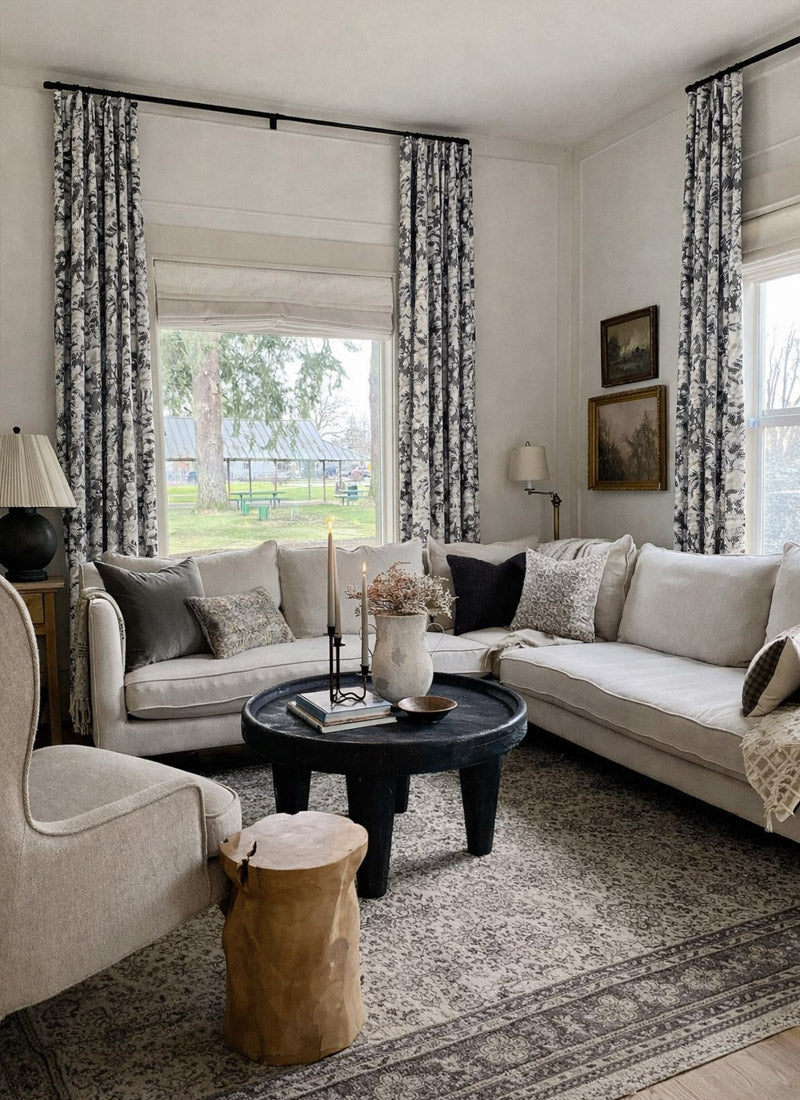 Dark Patterned Curtains – Botanical Tree Leaf Print 90% Blackout Drapes, Black White & Mocha