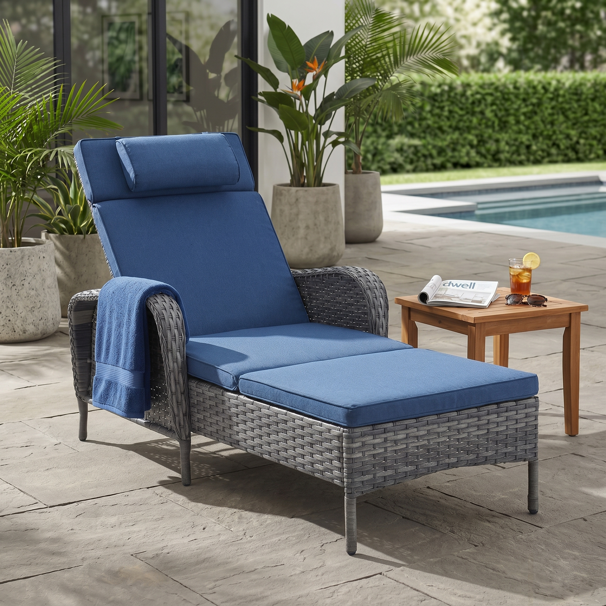 Outdoor Wicker Chaise Lounge – 5-Position, 500 LB Capacity, NTC Series - Mixed Grey Wicker / Blue Cushion