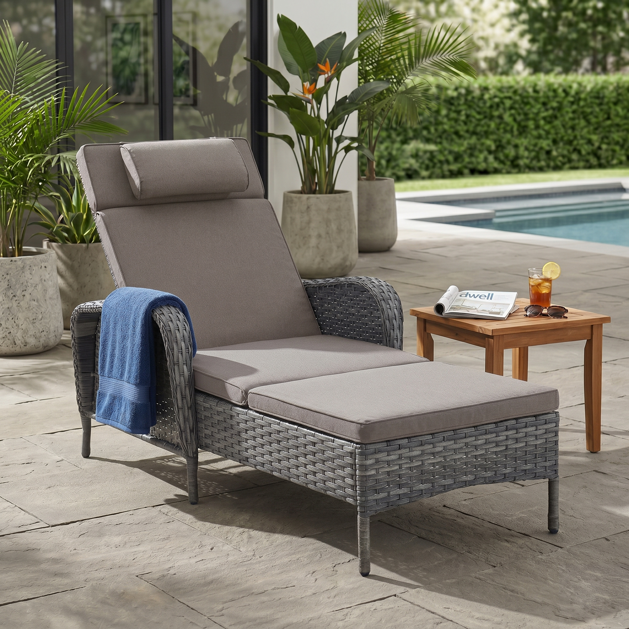 Outdoor Wicker Chaise Lounge – 5-Position, 500 LB Capacity, NTC Series - Mixed Grey Wicker / Grey Cushion