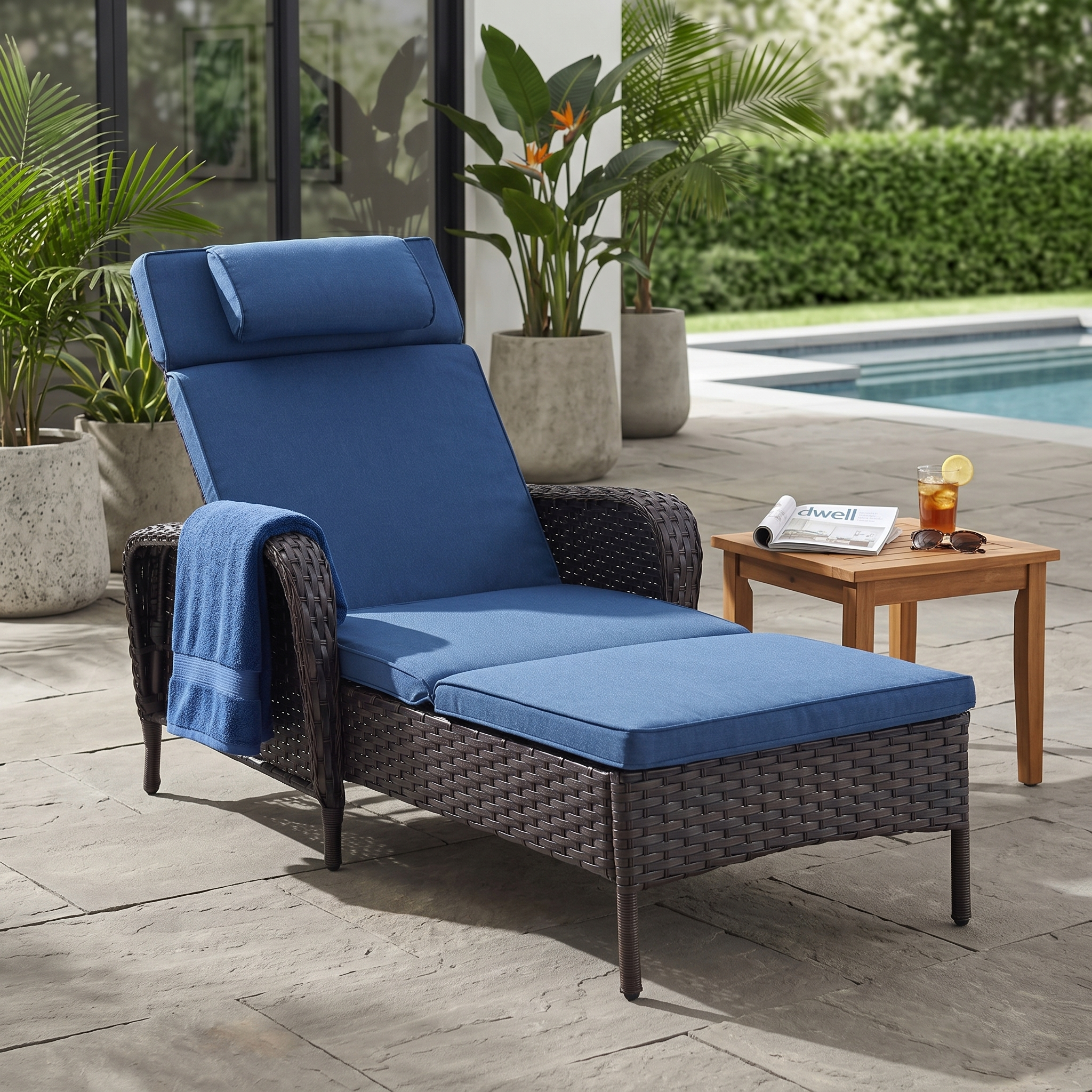 Outdoor Wicker Chaise Lounge – 5-Position, 500 LB Capacity, NTC Series - Brown Wicker / Blue Cushion