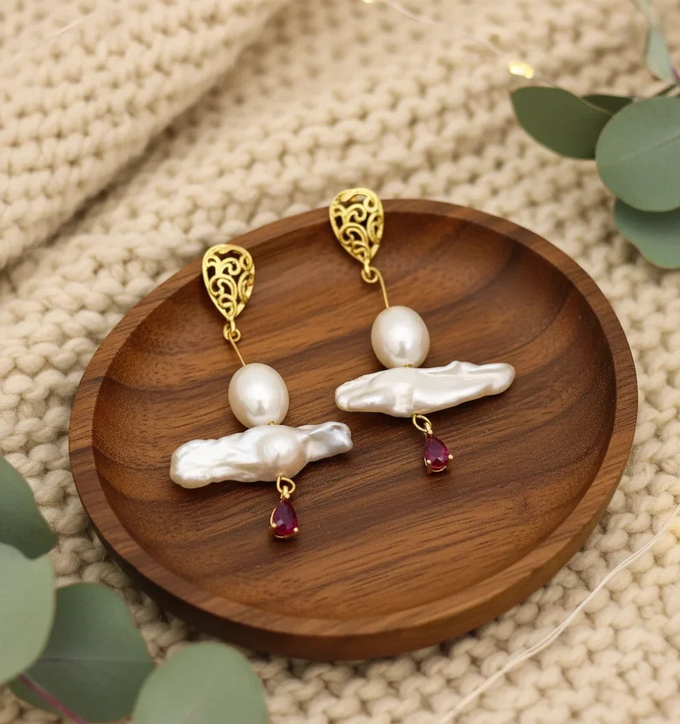 Gold Vermeil Baroque Pearl Drop Earrings - Red Gem