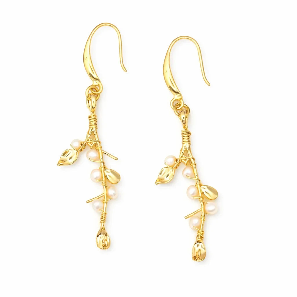 Gold Vermeil Leaves Pearls Drop Earrings