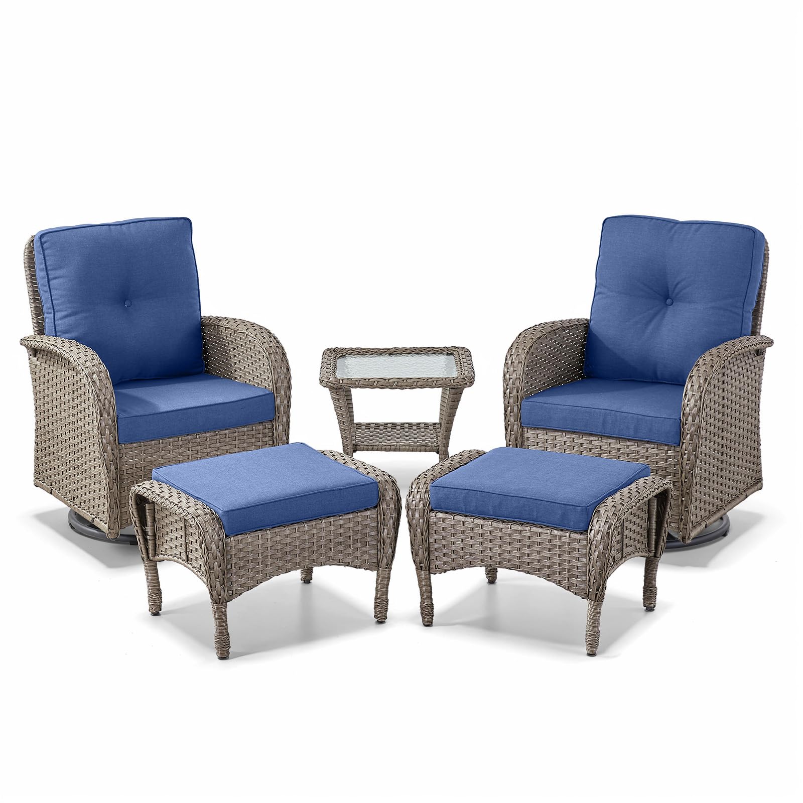 Swivel Glider Chairs Set with Side Table and Ottoman, NDS Series - Grey Wicker / Blue Cushion