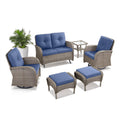 6 Piece Patio Conversation Set with Chairs, Table, Ottoman, NDS Series - Grey Wicker / Blue Cushion