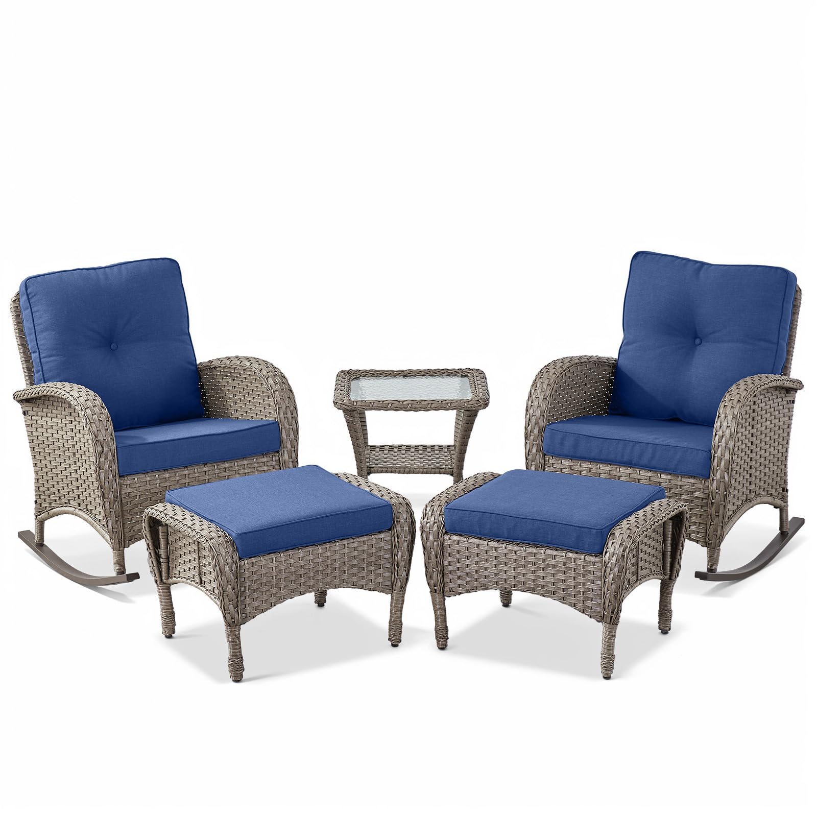 Rocking Chairs Set with Side Table and Ottoman, NDS Series - Grey Wicker / Blue Cushion