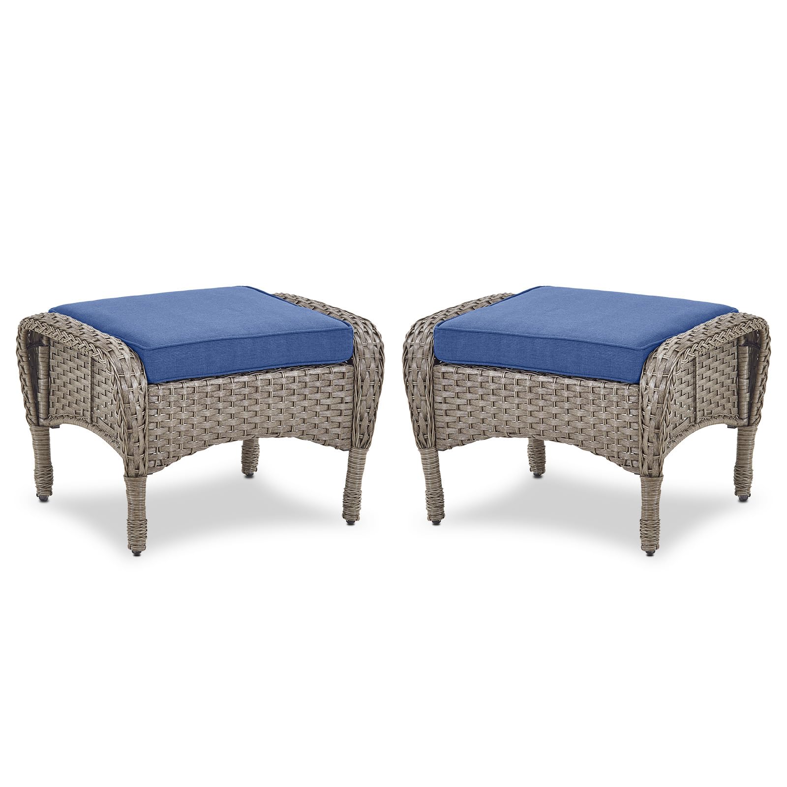 Outdoor Wicker Ottoman, NDS Series - Grey Wicker / Blue Cushion