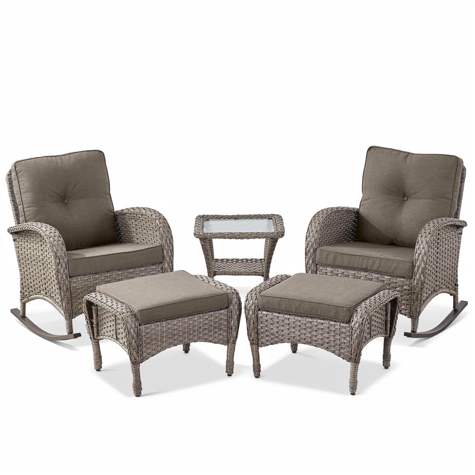 Rocking Chairs Set with Side Table and Ottoman, NDS Series - Grey Wicker / Grey Cushion