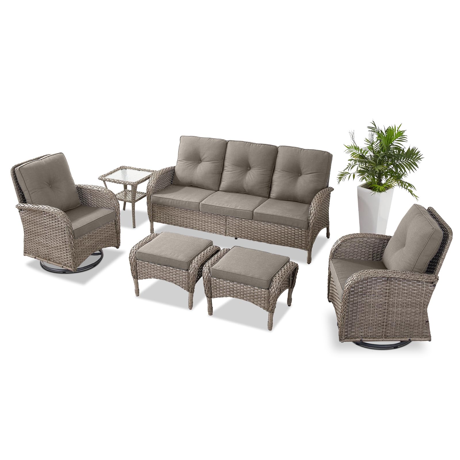 6 Piece Patio Conversation Set with Swivel Glider Chairs, NDS Series - Grey Wicker / Grey Cushion