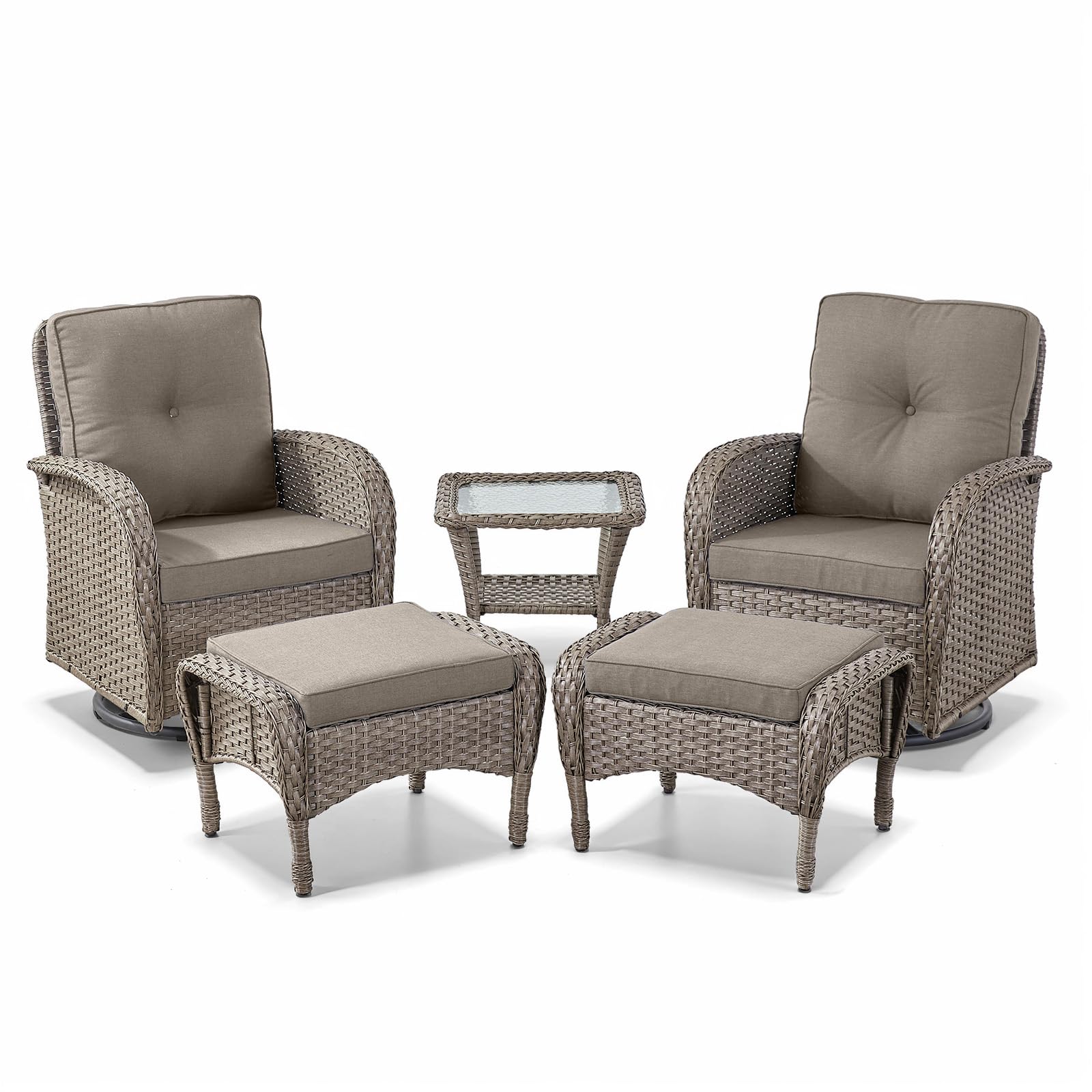 Swivel Glider Chairs Set with Side Table and Ottoman, NDS Series - Grey Wicker / Grey Cushion
