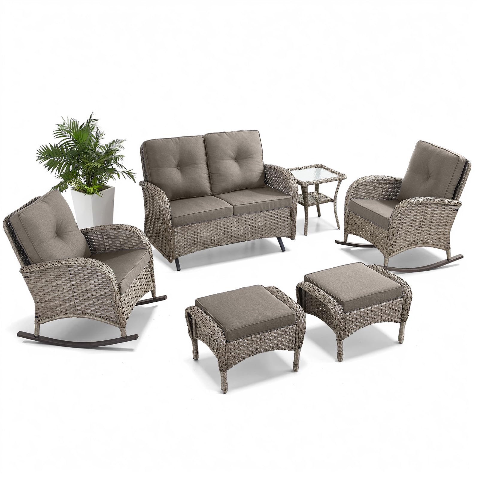 6 Piece Patio Conversation Set with Glider Loveseat, NDS Series - Grey Wicker / Grey Cushion