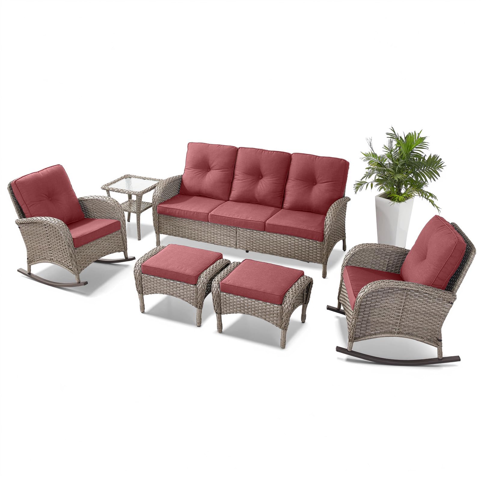 6 Piece Patio Conversation Set with Glider Three-Seater Sofa, NDS Series - Grey Wicker / Red Cushion