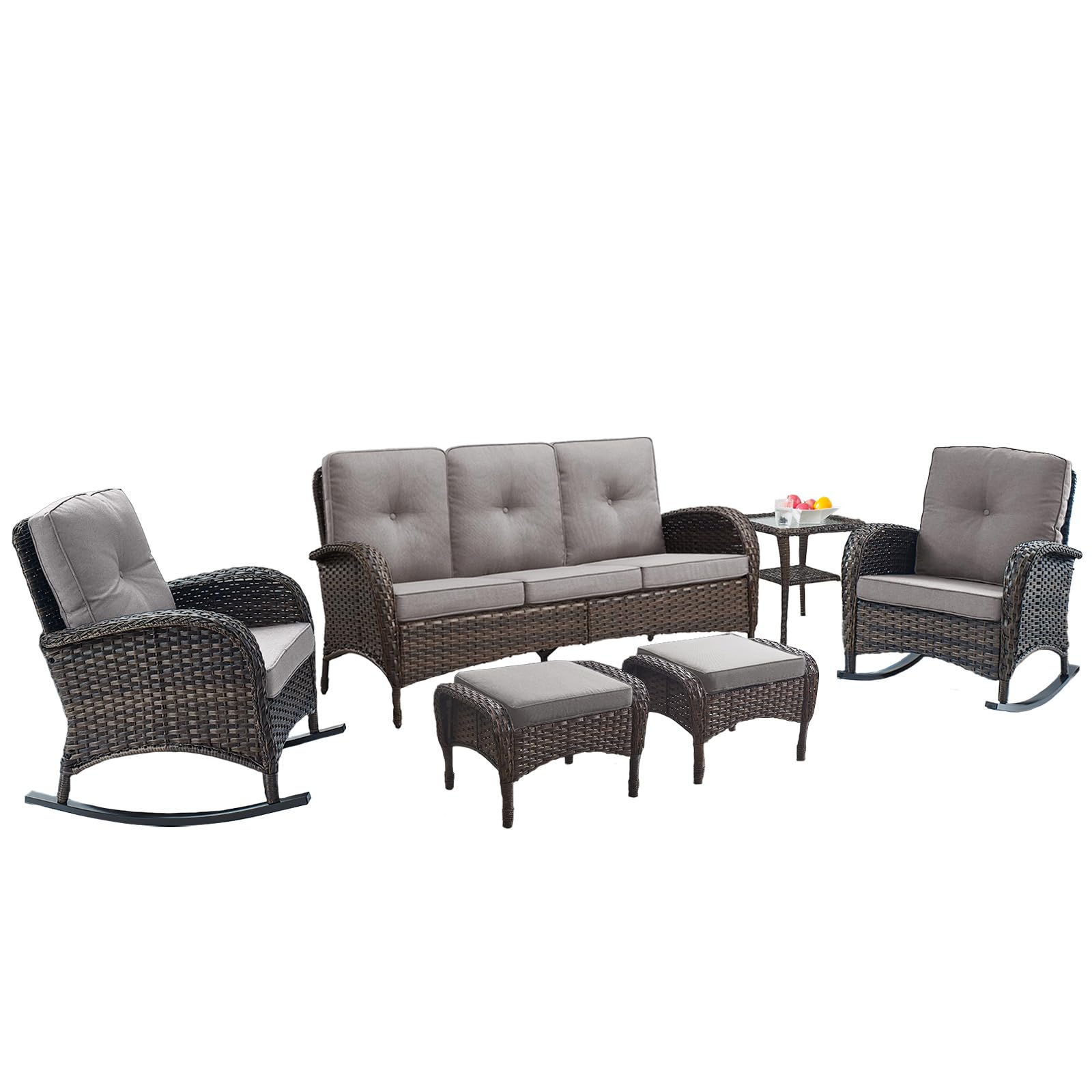 6 Piece Patio Conversation Set with Glider Three-Seater Sofa, NDS Series - Brown Wicker / Grey Cushion