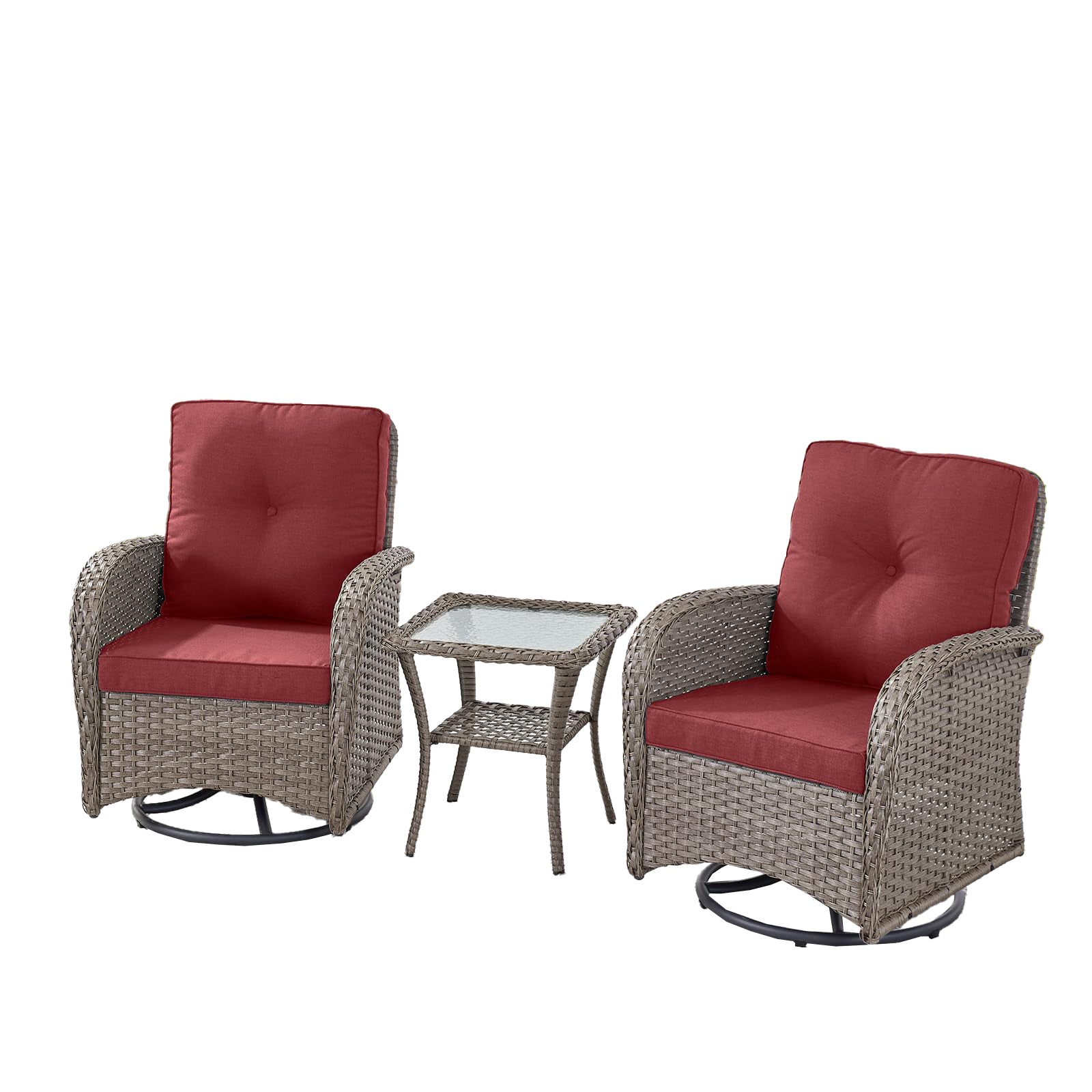 Swivel Glider Chairs Set with Side Table, NDS Series - Grey Wicker / Red Cushion