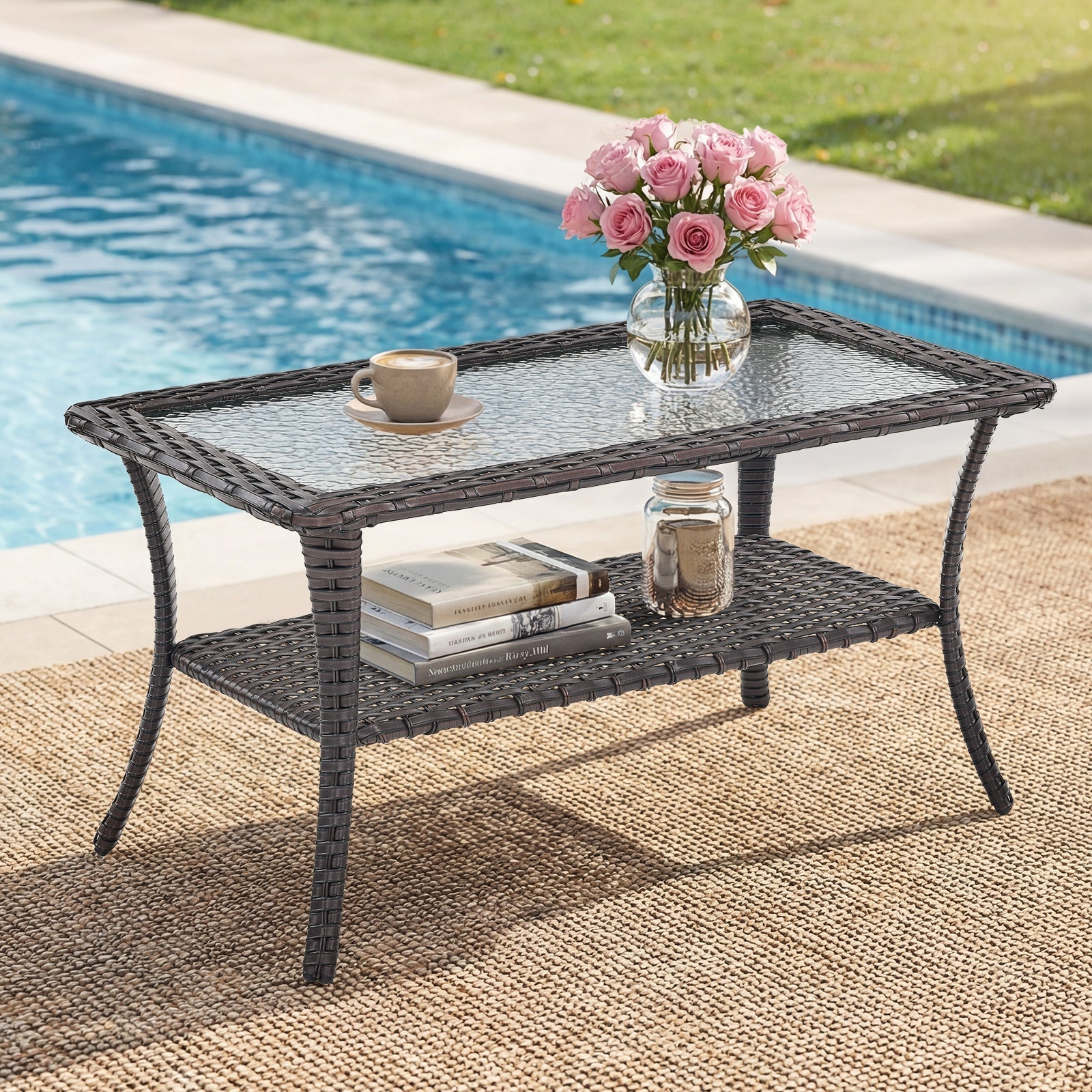 Outdoor Wicker Coffee Table – Glass Top & Storage Shelf, NTC Series - Brown Wicker