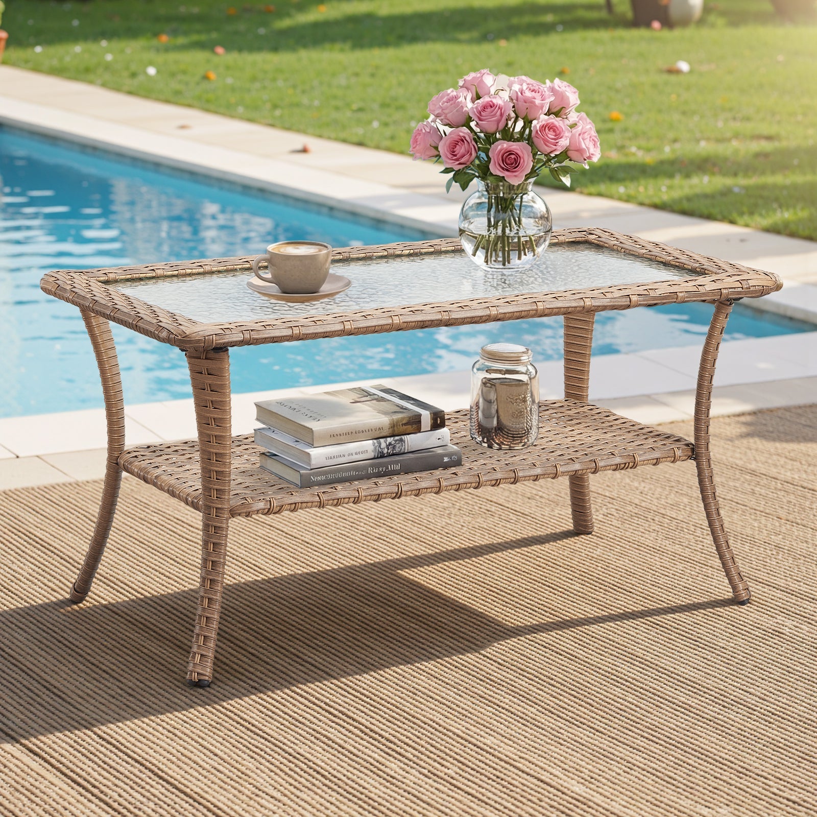 Outdoor Wicker Coffee Table – Glass Top & Storage Shelf, NTC Series - Yellow Wicker