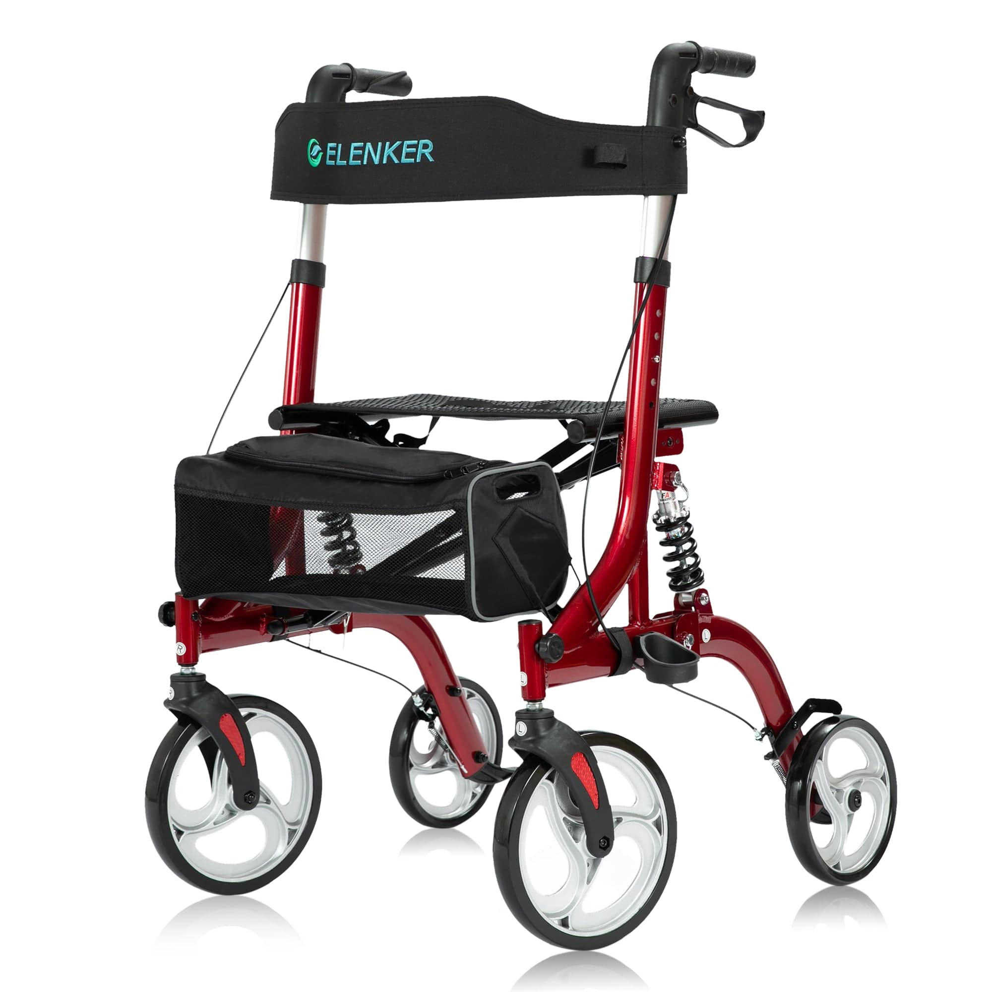 HFK-9211 Dual-Brake Shock-Absorbing Rollator Walker 10" Wheels - Red