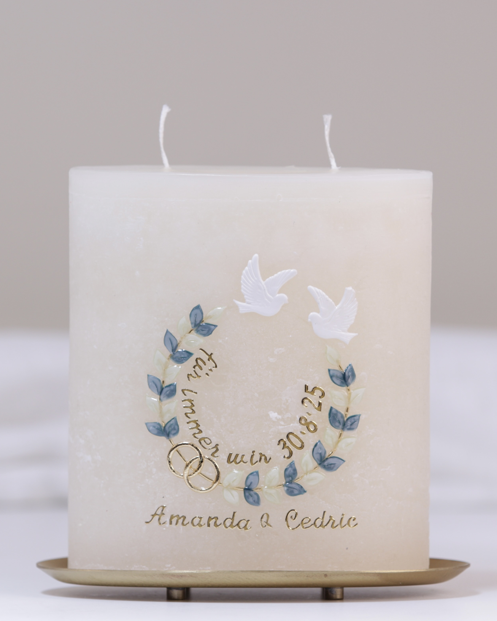 Hochzeitskerze „Amanda & Cedric“ creme – personalisiert mit Namen & Datum