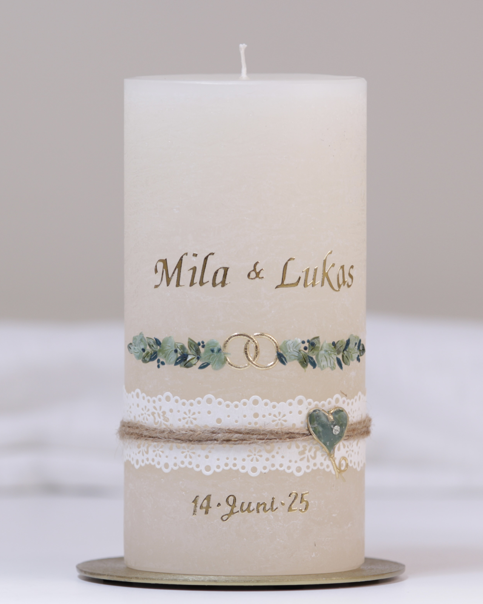 Hochzeitskerze „Mila & Lukas“ creme – personalisiert mit Namen & Datum