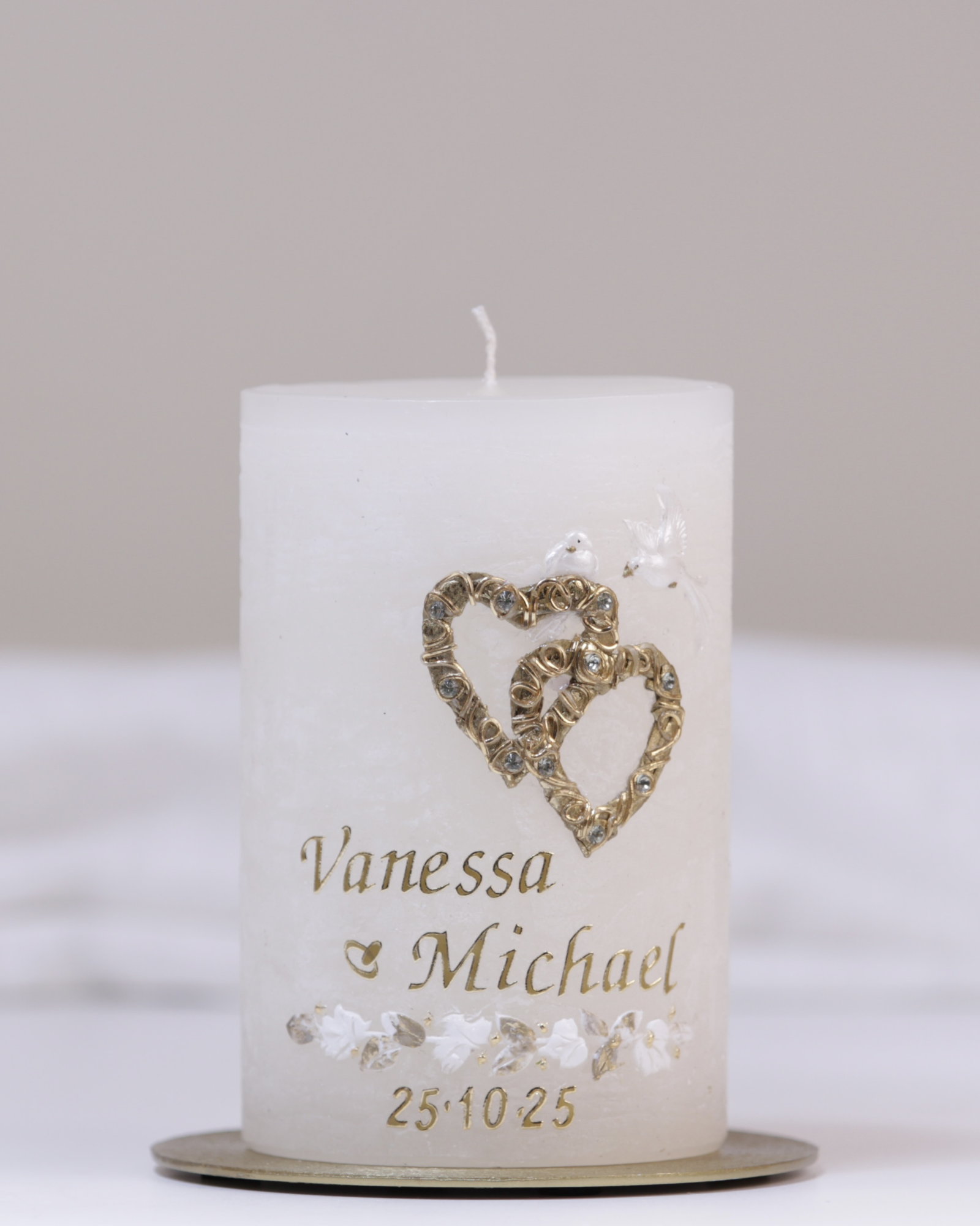 Hochzeitskerze · Vanessa & Michael · elfenbein · handgegossen & verziert