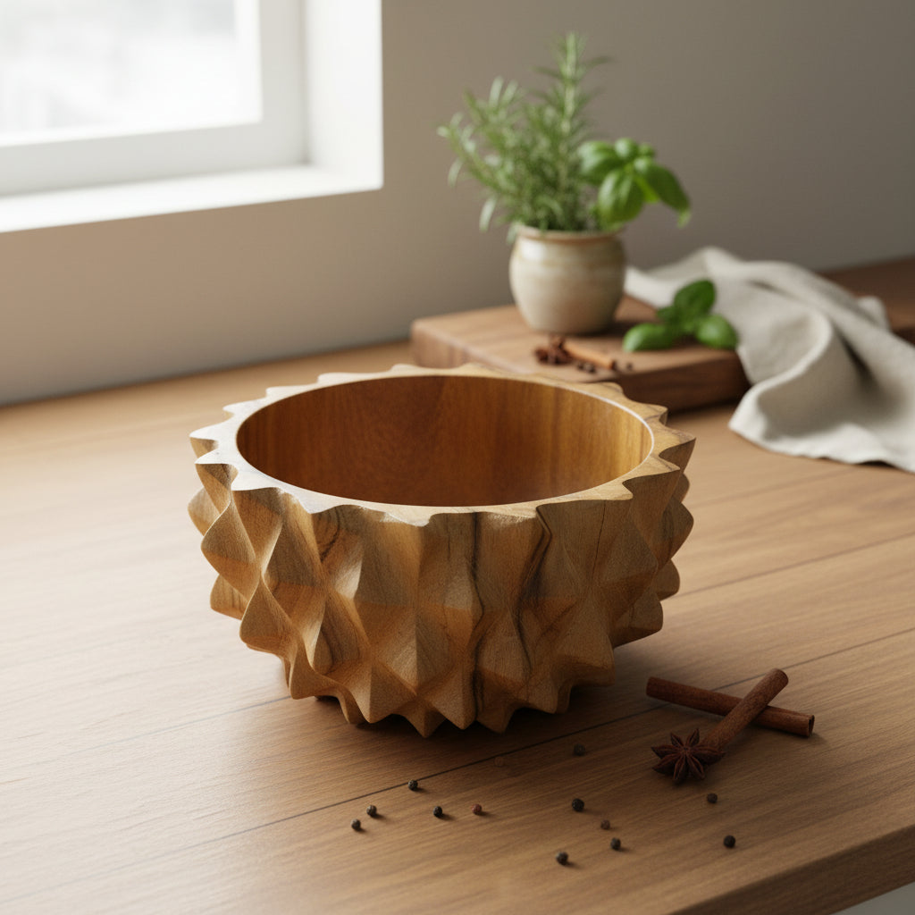 Sunburst Wood Bowl - Hand-Carved Acacia Wood Sculptural Bowl – Artisan Statement Serving & Décor Piece - Small