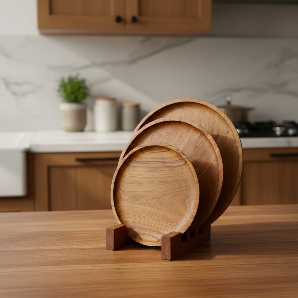 Handcrafted Wooden Serving Plate Set Of 3 with Stand – Natural Round Dinnerware Collection