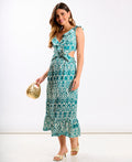 Green Ikat Ruffle Cutout Midi Dress - 12