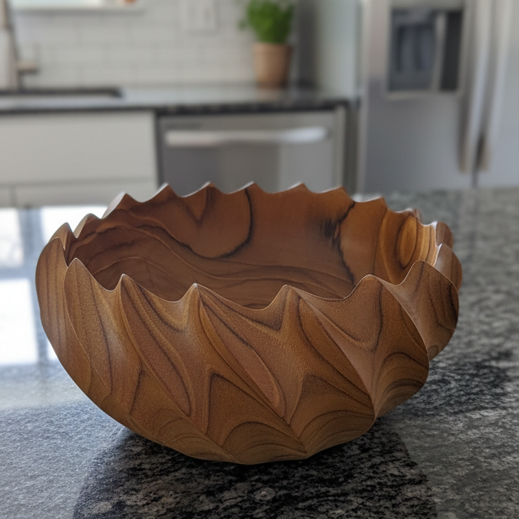 FlowCarve Statement Hand-Carved Acacia Wood Sculptural Bowl – Artisan Serving & Centerpiece - 5in