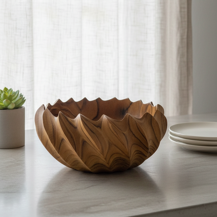 FlowCarve Statement Hand-Carved Acacia Wood Sculptural Bowl – Artisan Serving & Centerpiece - 6in