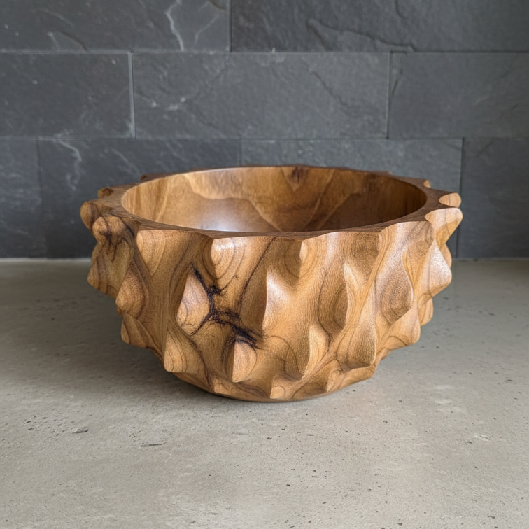Sunburst Wood Bowl - Hand-Carved Acacia Wood Sculptural Bowl – Artisan Statement Serving & Décor Piece - Medium