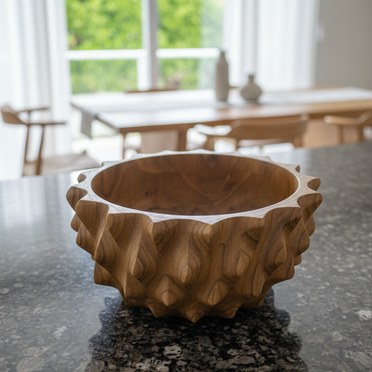 Sunburst Wood Bowl - Hand-Carved Acacia Wood Sculptural Bowl – Artisan Statement Serving & Décor Piece - Large