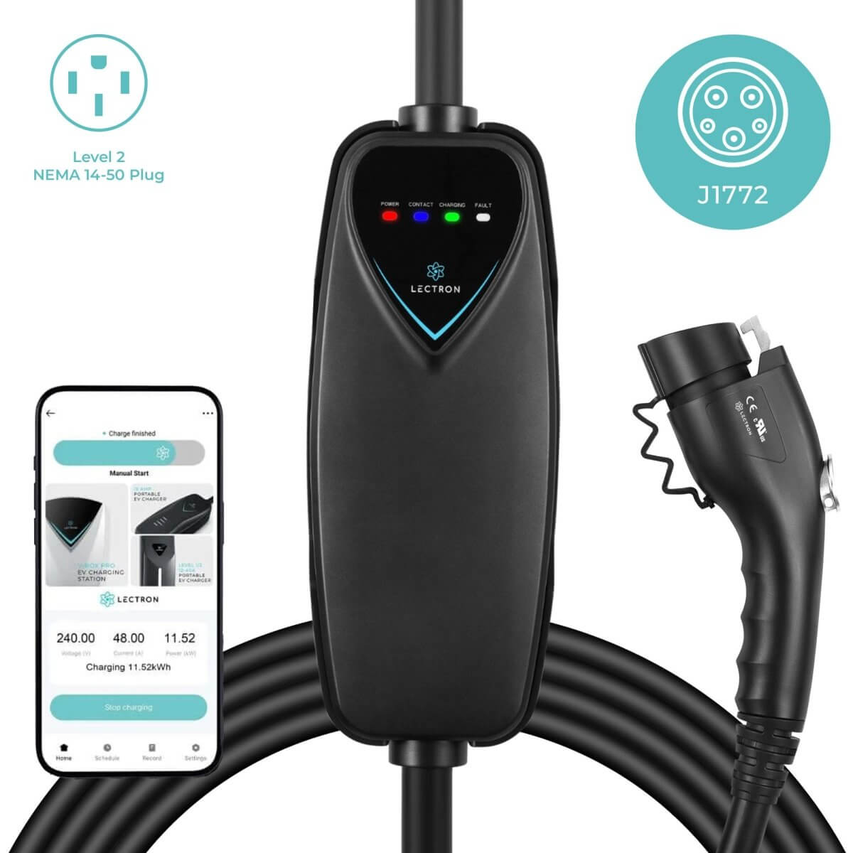 Lectron Portable Level 2 J1772 EV Charger | 240V | 40 Amp | NEMA 14-50 - WIFI-Enabled