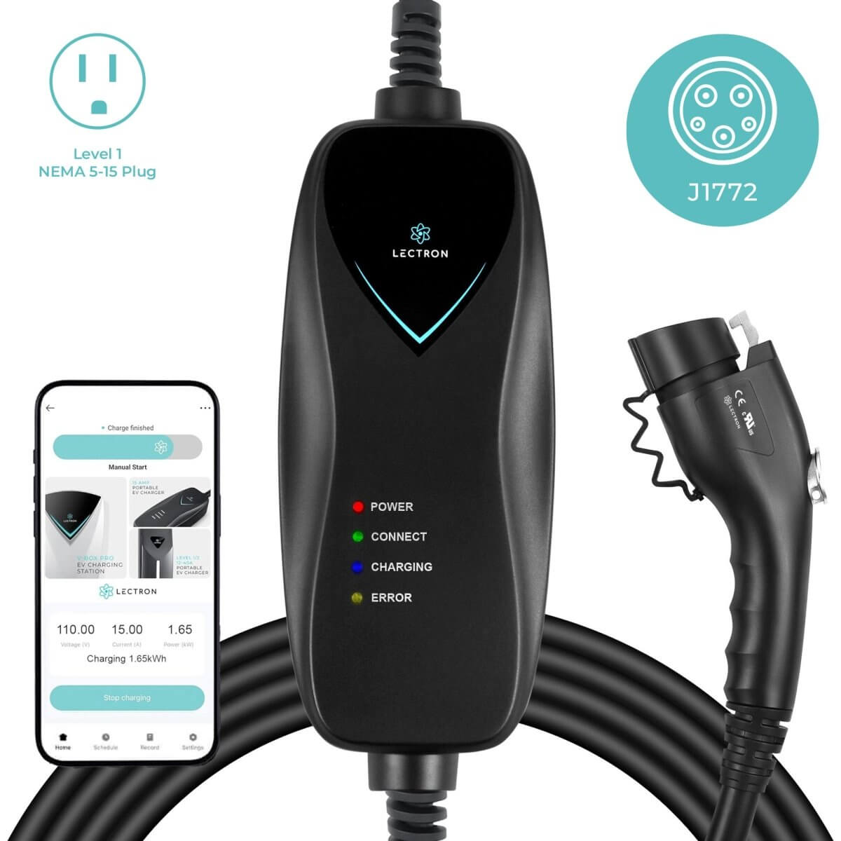 Lectron Portable Level 1 J1772 EV Charger | 120V | 15 Amp | NEMA 5-15 - WiFi-Enabled