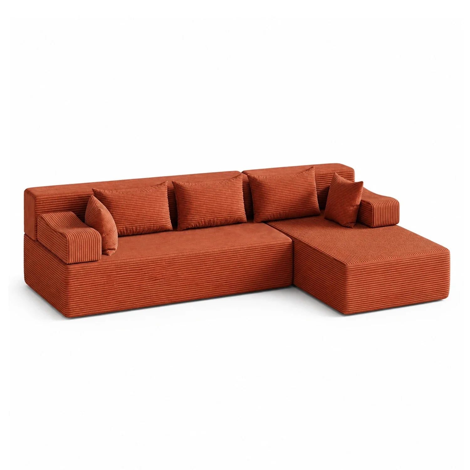 L-Shaped Sectional Couch (Corduroy) - Orange / Corduroy
