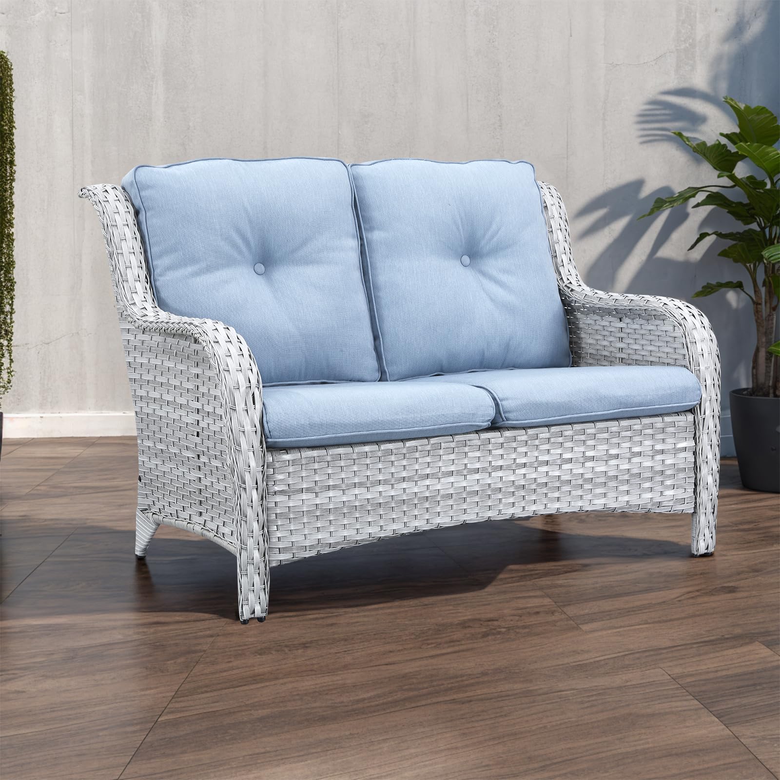 1 Piece Outdoor Patio Furniture Wicker Loveseat Sofa, NTC Series - Light Grey Wicker / Baby Blue Cushion