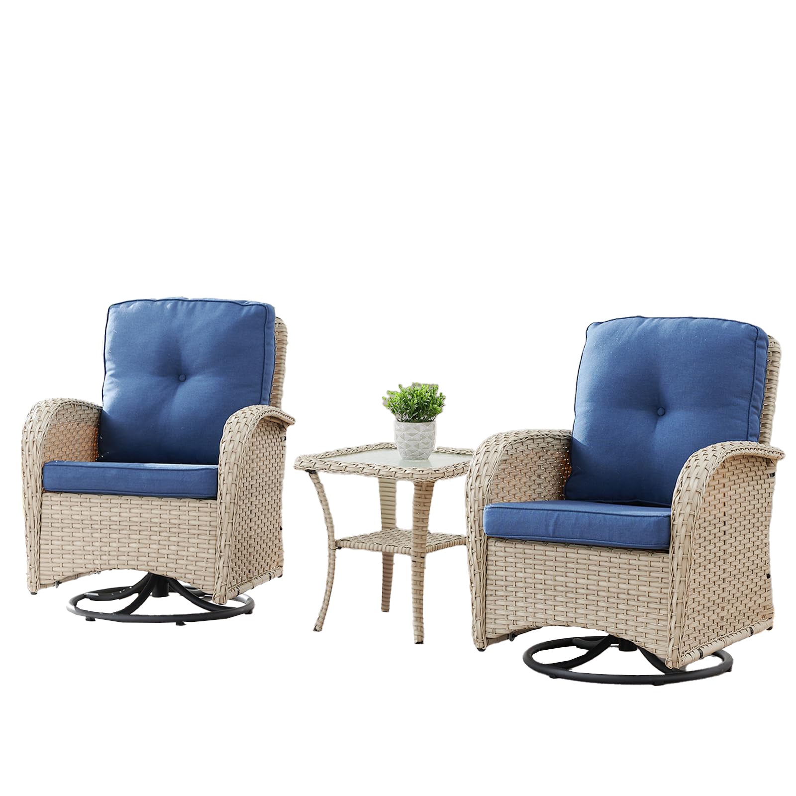 Swivel Glider Chairs Set with Side Table, NDS Series - Light Beige Wicker / Blue Cushion