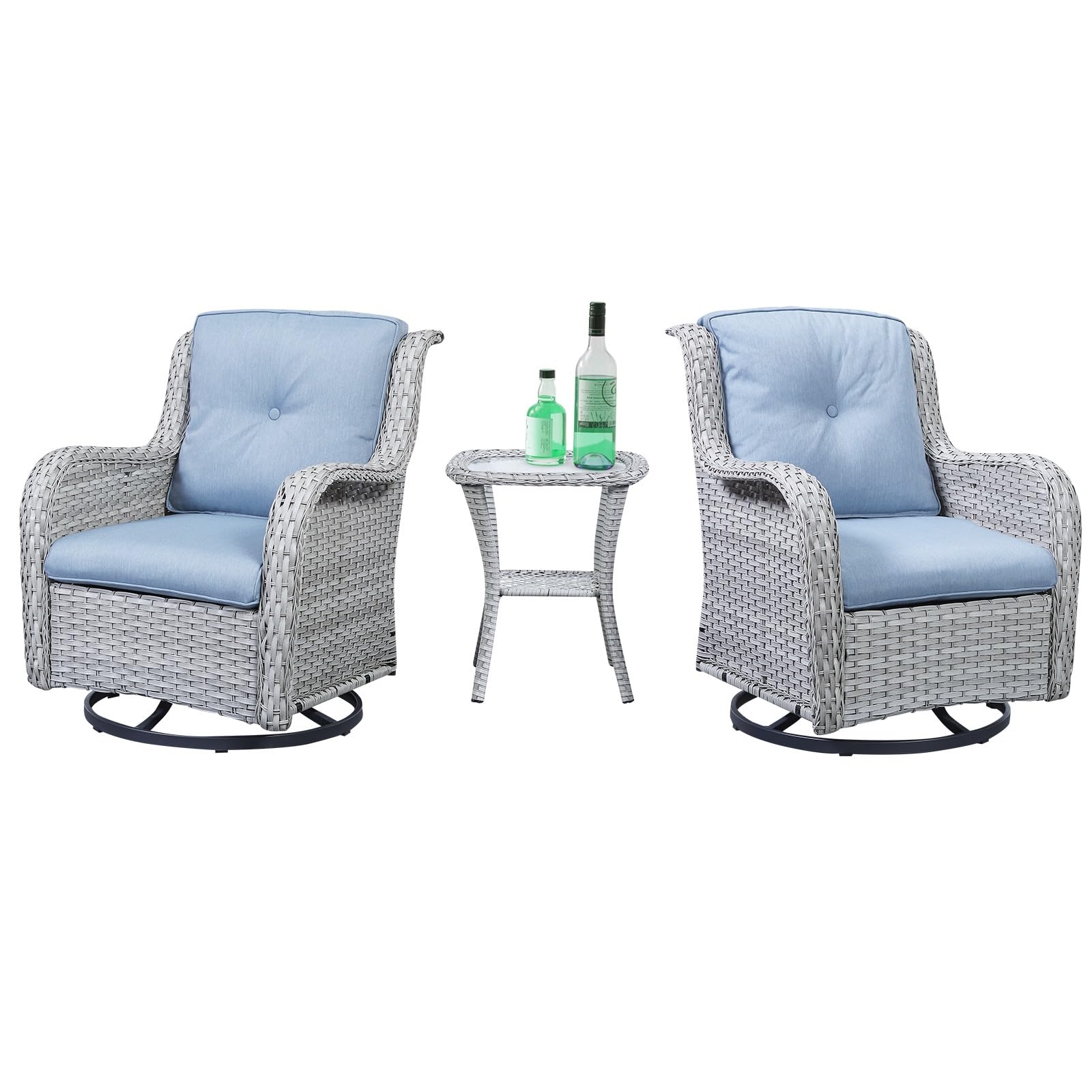 Swivel Glider Chairs Set with Side Table, NTC Series - Light Grey Wicker / Baby Blue Cushion