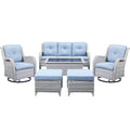 Patio Conversation Set 6-Piece with Sofa, Swivel Glider Chairs, Coffee Table, and Ottoman, NTC Series - Light Grey Wicker / Baby Blue Cushion