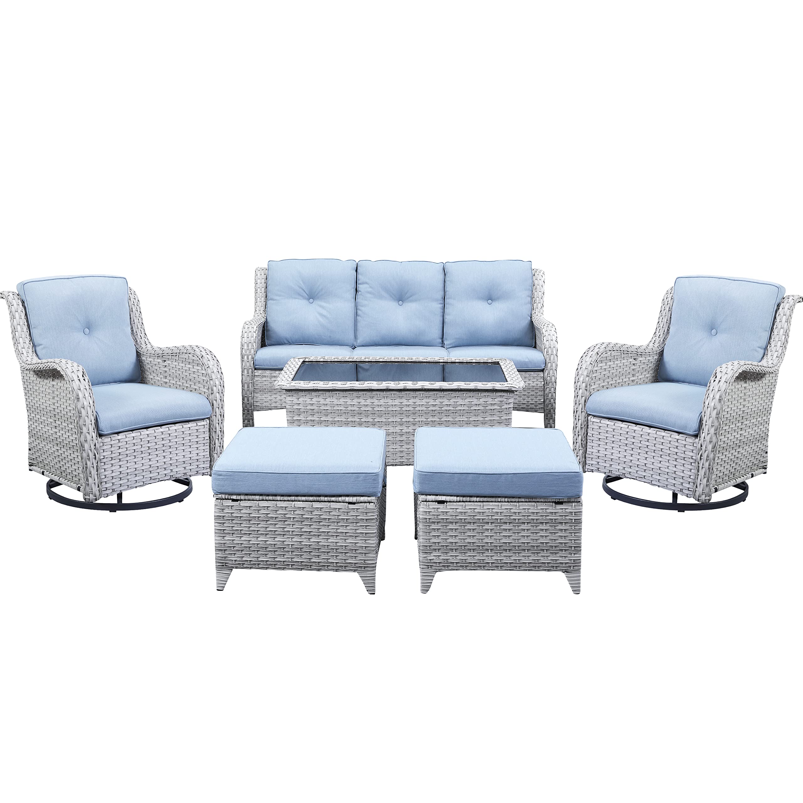 Patio Conversation Set 6-Piece with Sofa, Swivel Glider Chairs, Coffee Table, and Ottoman, NTC Series - Light Grey Wicker / Baby Blue Cushion