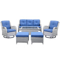 Patio Conversation Set 6-Piece with Sofa, Swivel Glider Chairs, Coffee Table, and Ottoman, NTC Series - Light Grey Wicker / Blue Cushion