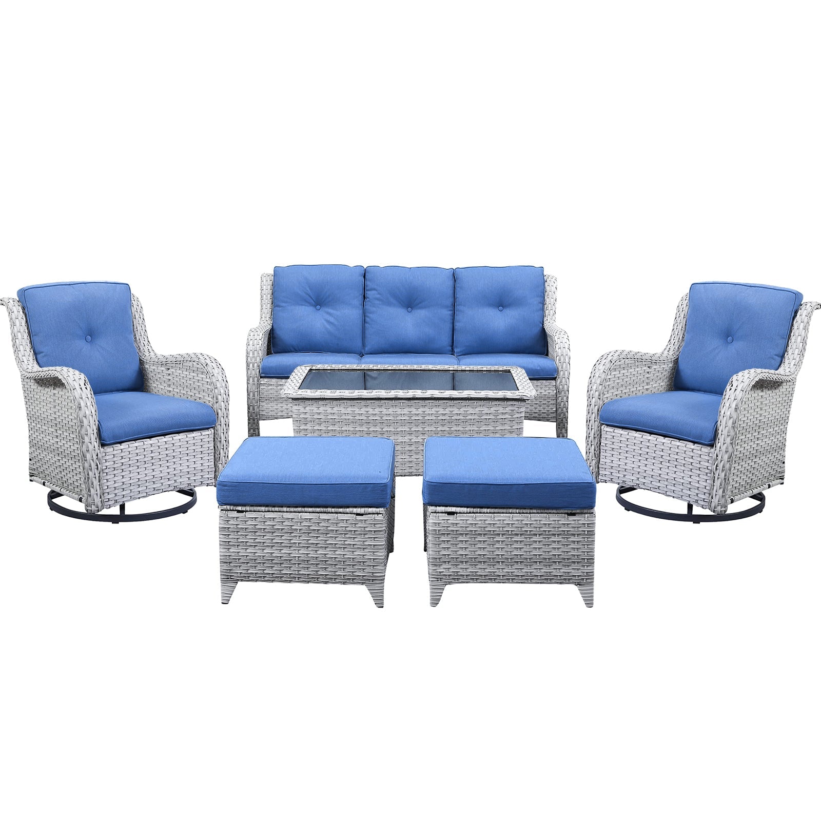 Patio Conversation Set 6-Piece with Sofa, Swivel Glider Chairs, Coffee Table, and Ottoman, NTC Series - Light Grey Wicker / Blue Cushion