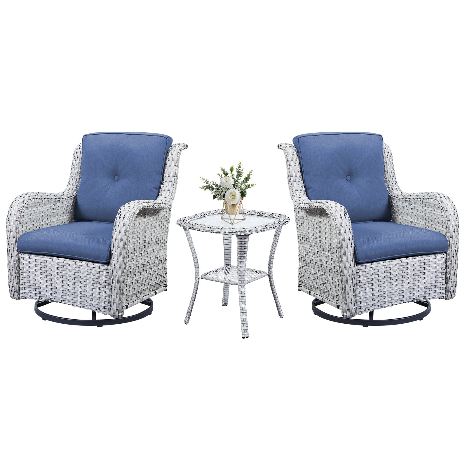 Swivel Glider Chairs Set with Side Table, NTC Series - Light Grey Wicker / Blue Cushion