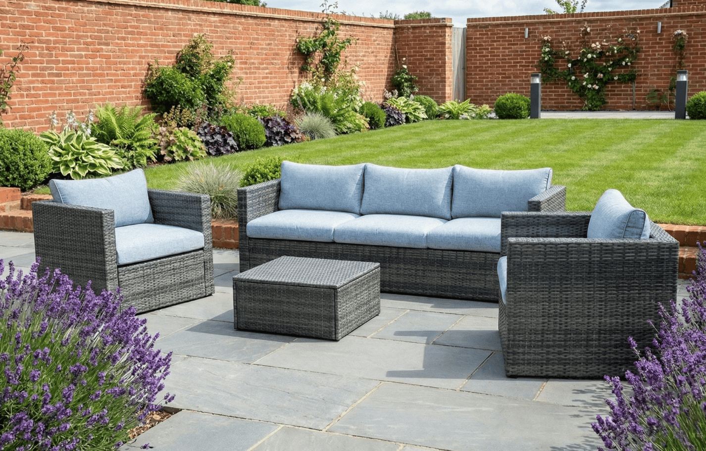 Lima 5 Seater Grey Polyrattan Garden Sofa Set Bundle with Armchair, Coffee Table & Protective Cover