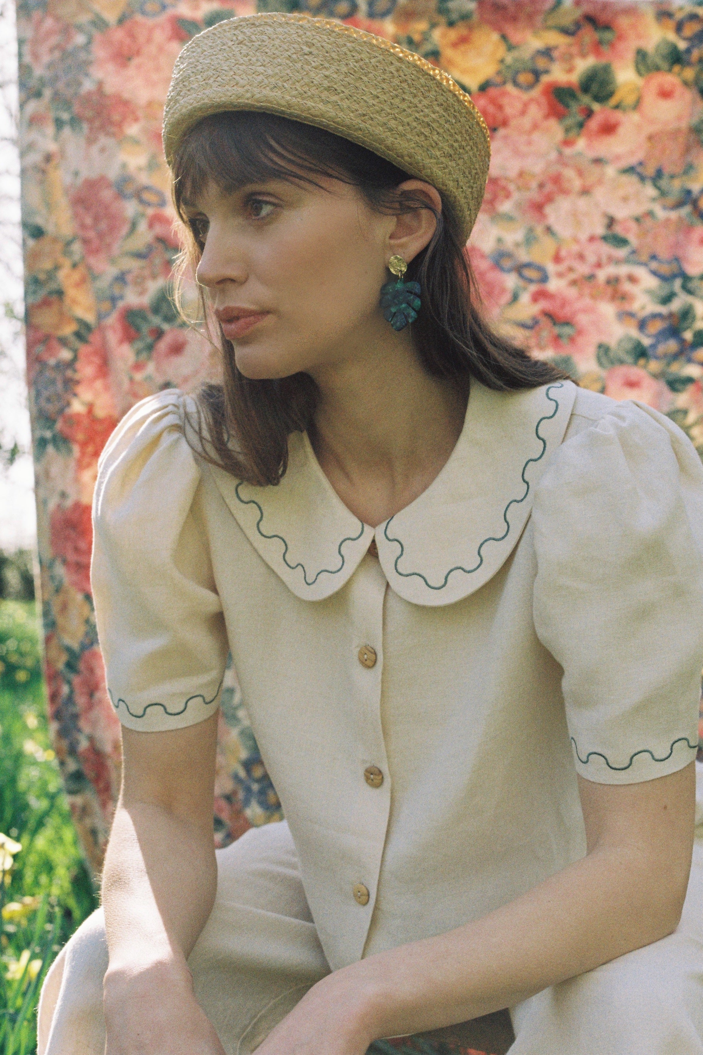 Frances Linen Cropped Blouse with Embroidered Trims - Natural - Pre order for End of September Delivery - Natural / M