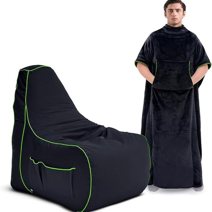 Gaming Blanket & Bean Bag Chair Gamer Beanbag & Blanket with Pockets - Magical Emerald